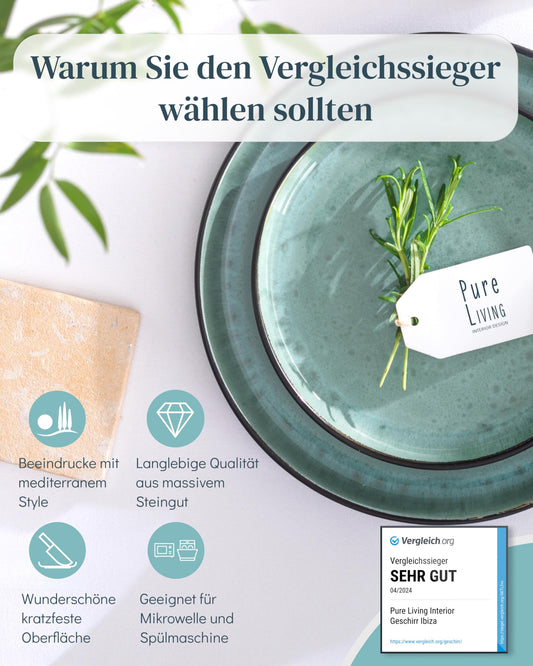 Stoneware dinnerware set for 6 people Ibiza 18 pcs. WINNER, Beautiful Mediterranean stoneware dinnerware set, bowl and plate set, tableware for 6 people, dinnerware sets Pure Living in Sage Green.