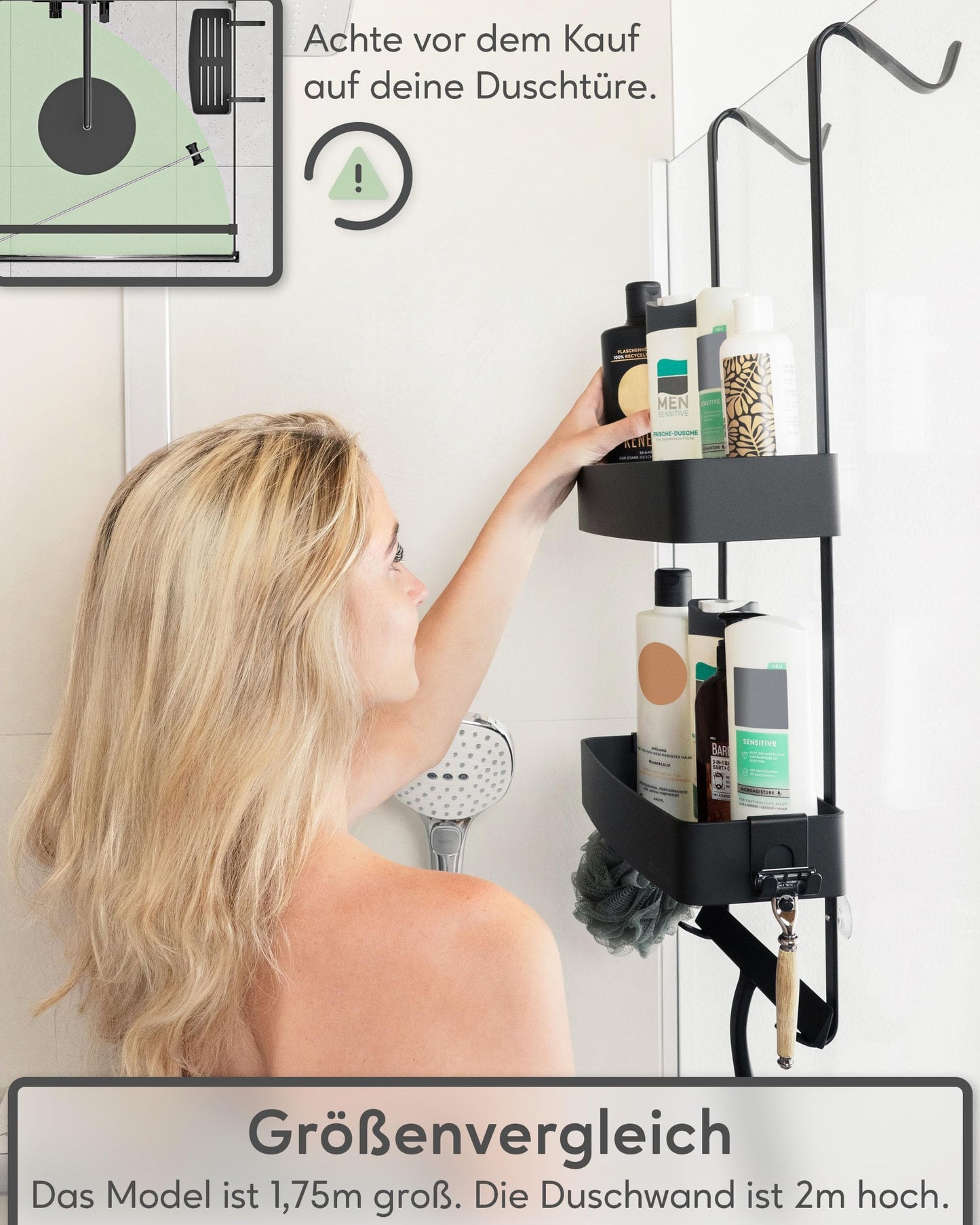 QUALISH® hanging shower shelf - shower caddy hanging on the shower wall - hanging shower basket with glass protection and additional hooks - hanging shower shelf - no drilling required - matte black