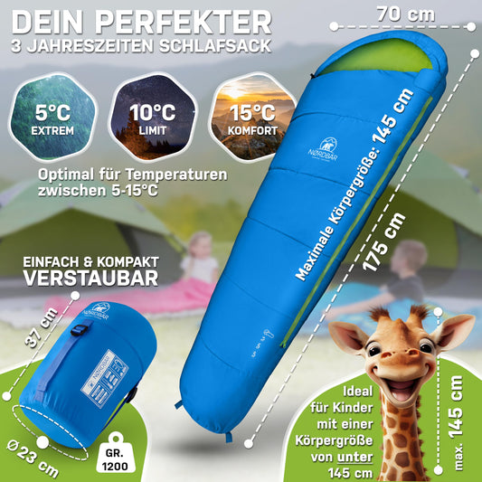 NORDBÄR® Kids Sleeping Bag for boys & girls up to 145cm height | 100% cotton lining | Mummy style bag, light & warm | Children's outdoor sleeping bag [1200g]