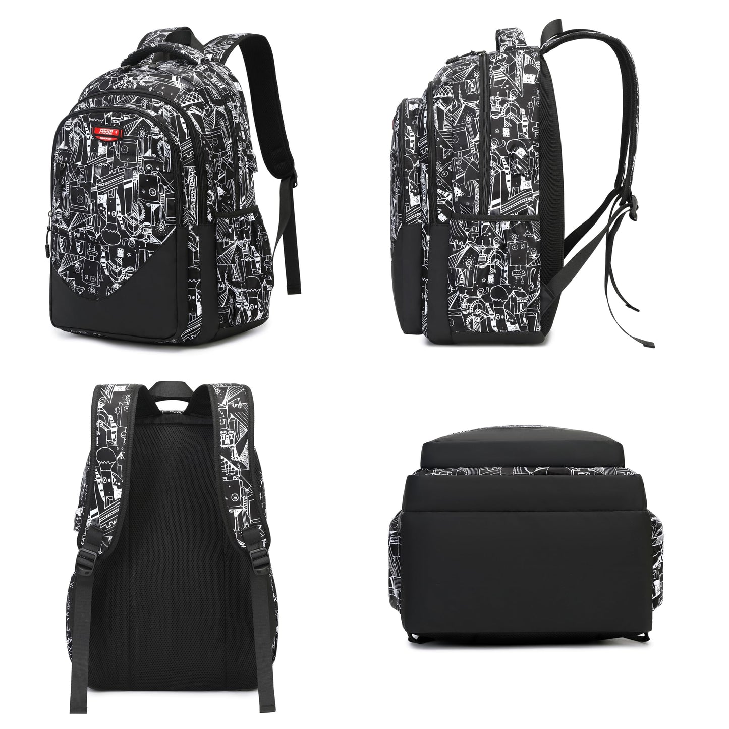 Asge school backpack for boys teenagers, made of nylon. Large school bags for girls, kids backpacks with prints for 8-16 years old. Waterproof school bags for boys.