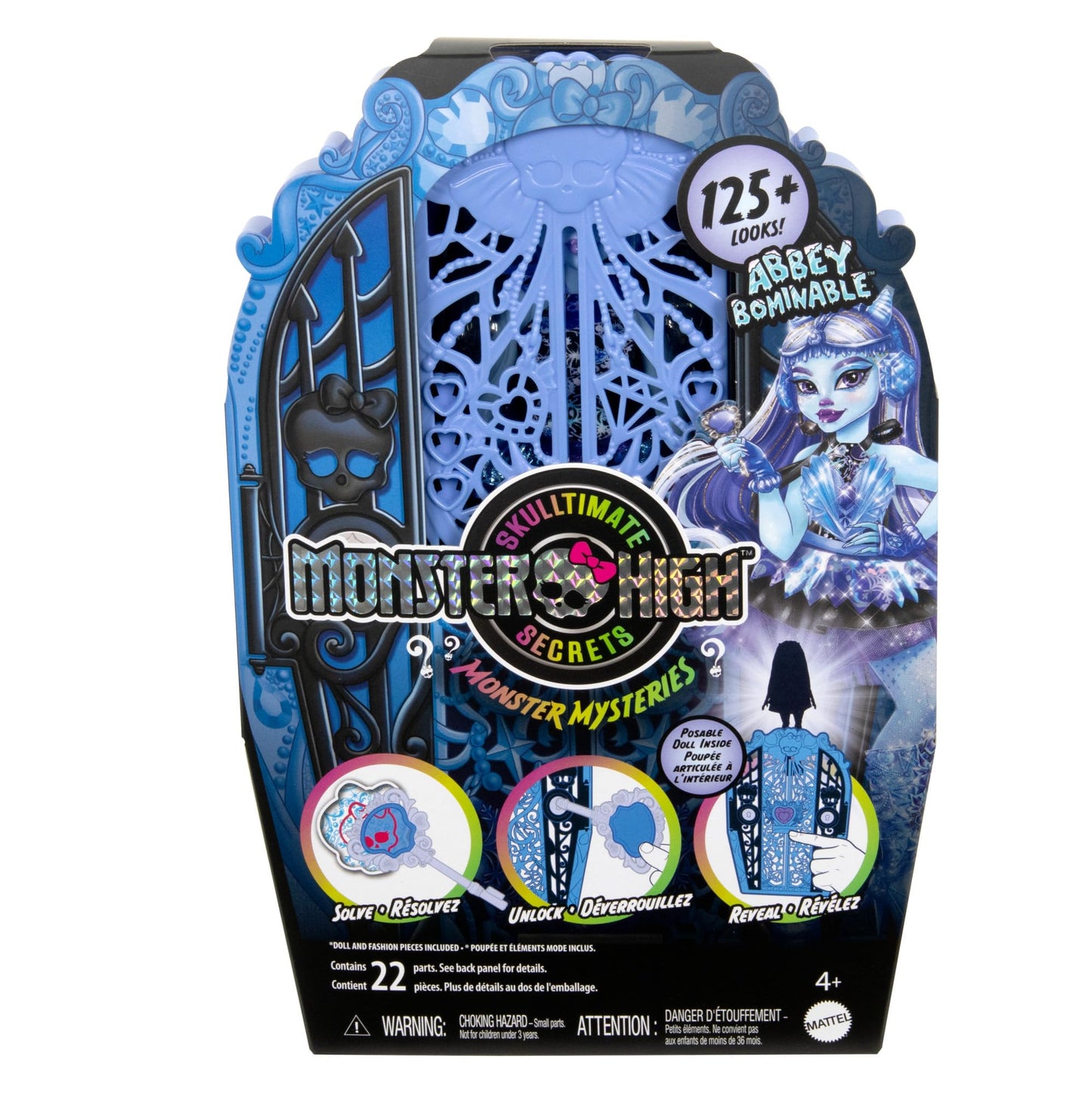 Monster High Skulltimate Secrets doll and accessory set, Monster Mysteries Abbey Bominable with wardrobe and over 19 surprises including outfits, HXH87.