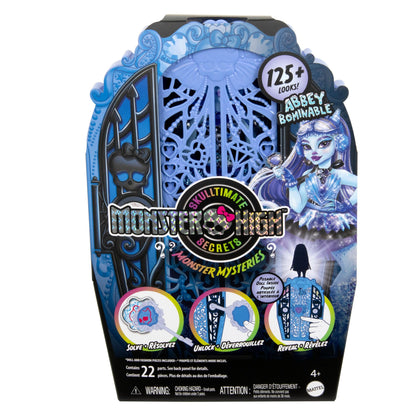 Monster High Skulltimate Secrets doll and accessory set, Monster Mysteries Abbey Bominable with wardrobe and over 19 surprises including outfits, HXH87.