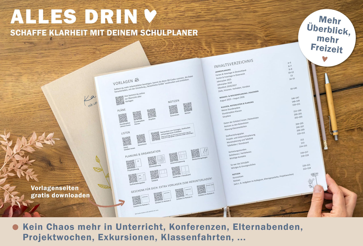 One of the Good Teacher Planners 2025-2026, A4 size, 1 double page per week, academic calendar for school year 25/26, Cream Beige with Flowers, sustainable & climate-neutral.