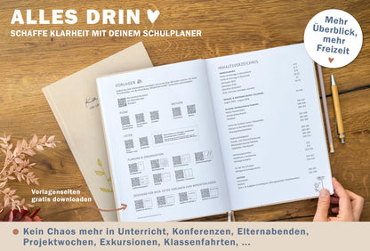 One of the Good Teacher Planners 2025-2026, A4 size, 1 double page per week, academic calendar for school year 25/26, Cream Beige with Flowers, sustainable & climate-neutral.