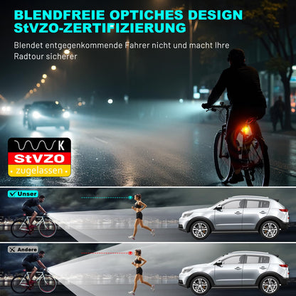 TECHCYC bicycle light set with light sensor, up to 70 lux LED bike lamp, StVZO approved bike lighting, USB rechargeable bike lamp, IPX6, 2500 mAh front bike lights & 300 mAh rear light.