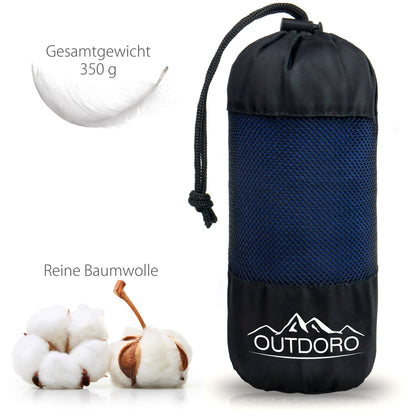 Outdoro Hut sleeping bag, ultra-light travel sleeping bag - only 350 g made of pure cotton with pillow compartment - thin & small - liner, travel sheet