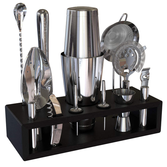 Highball & Chaser bartender kit cocktail shaker set with black stand and drink mixer set. Martini bar set with mixology bar tool set. Best bar accessories (silver) 2 oz.