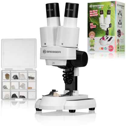 Bresser Junior Stereo 3D Microscope ICD-Pro with 20x and 50x magnification for kids and adults to observe stones, coins, insects, and more. 20x / 50x magnification.