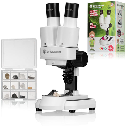 Bresser Junior Stereo 3D Microscope ICD-Pro with 20x and 50x magnification for kids and adults to observe stones, coins, insects, and more. 20x / 50x magnification.
