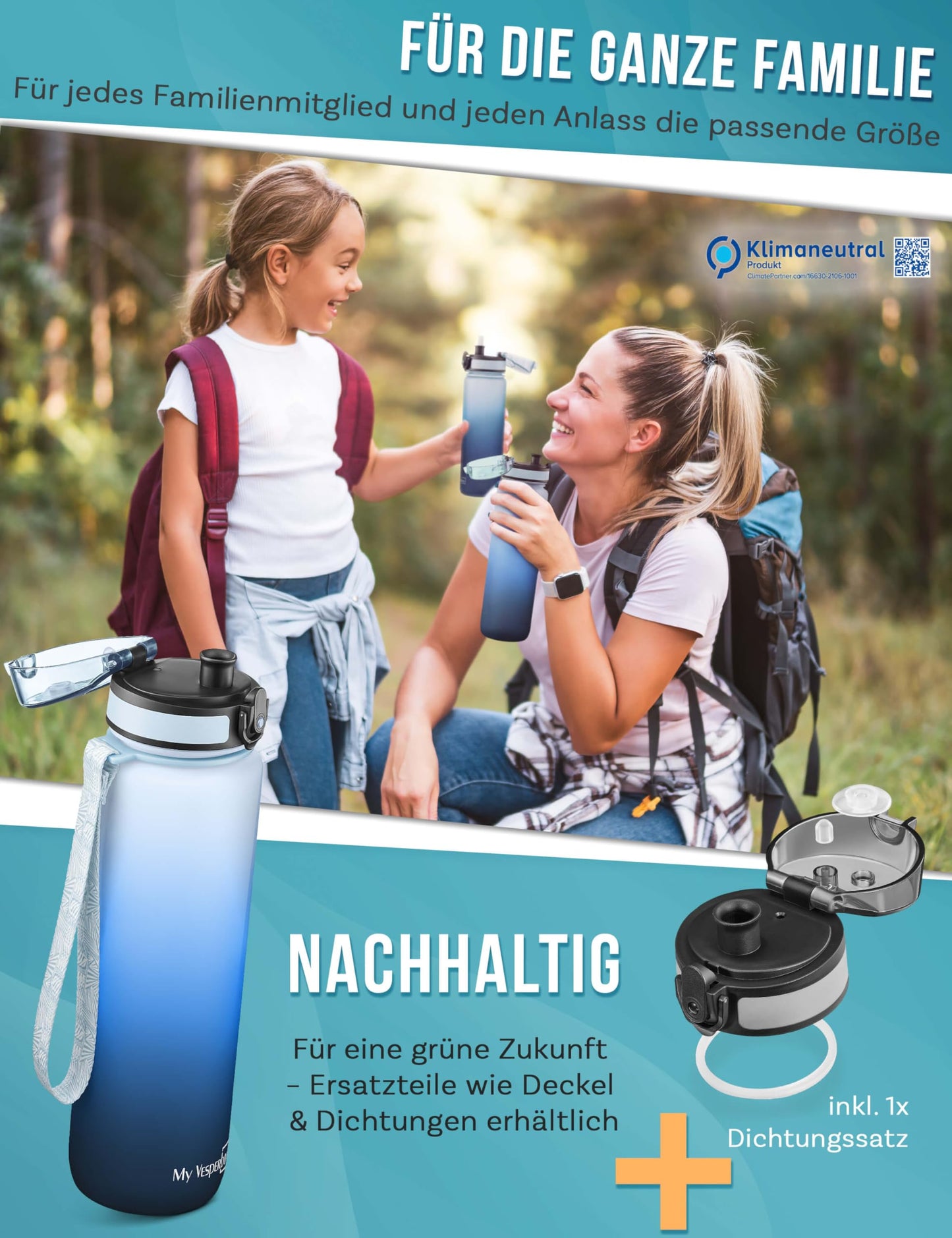 My Vesperbox 1L water bottle - leak-proof & BPA-free - for kids & adults - includes spare seal, cleaning brush, fruit infuser & optional straw - perfect for school, office, sports & leisure.