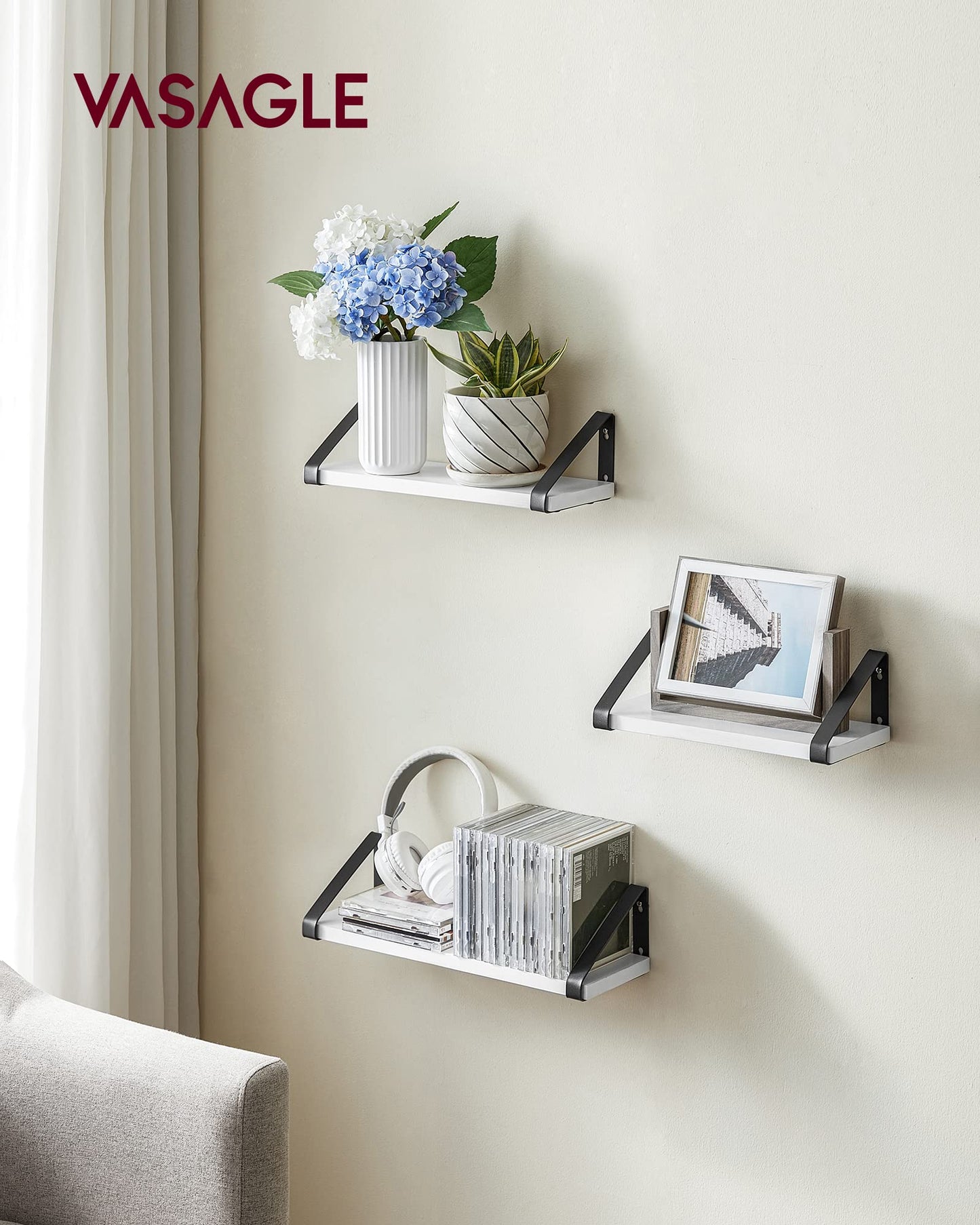 VASAGLE Wall Shelf, Floating Shelf, Set of 3, Shelf Board, 2 Mounting Options, 30/35/40 cm, for Living Room, Kitchen, Home Office, Bathroom, White-Matte Black LWS033B14