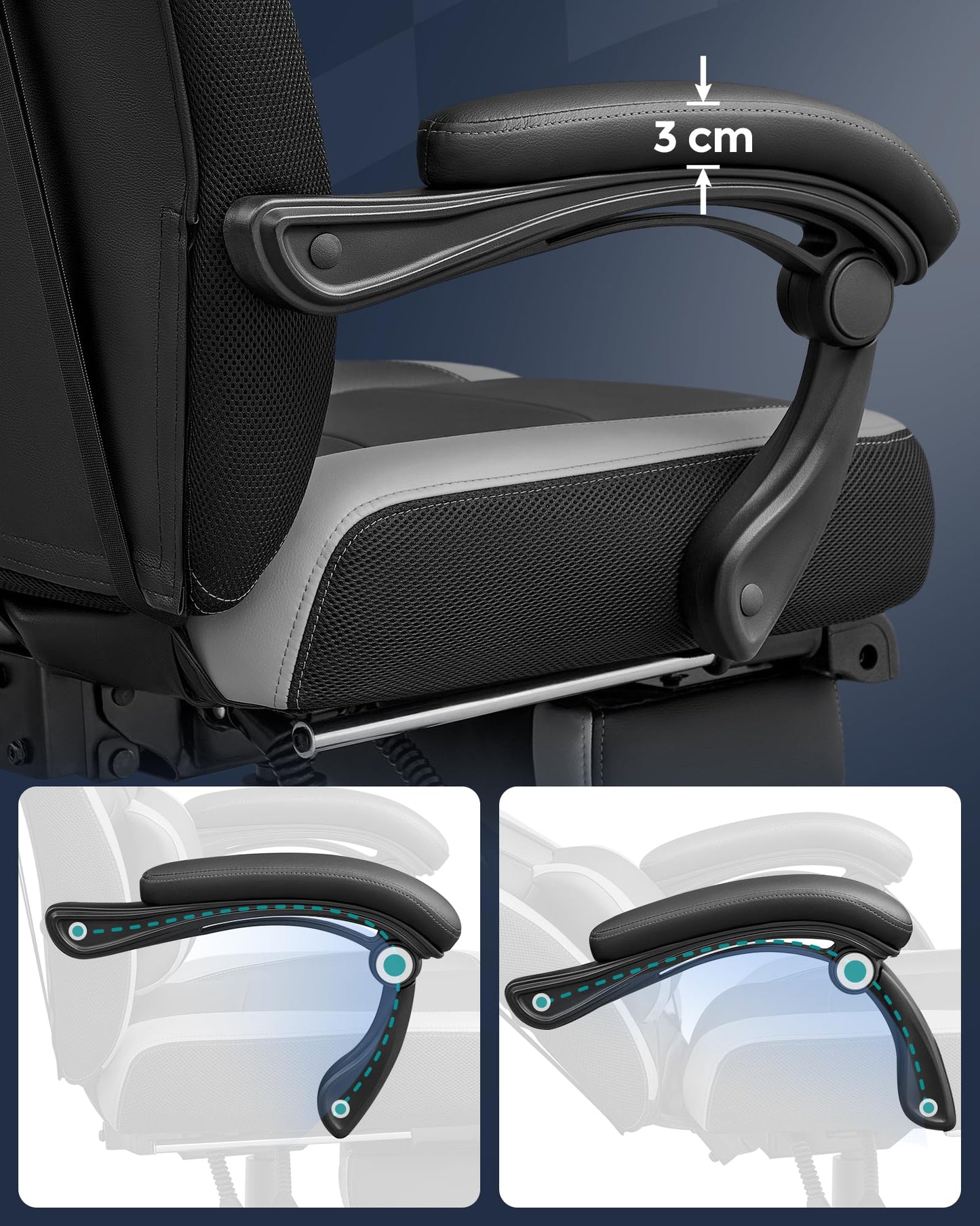 SONGMICS Gaming Chair, Office Chair with Footrest, Desk Chair, ergonomic design, adjustable headrest, lumbar support, up to 150 kg capacity, black-grey OBG77BGG