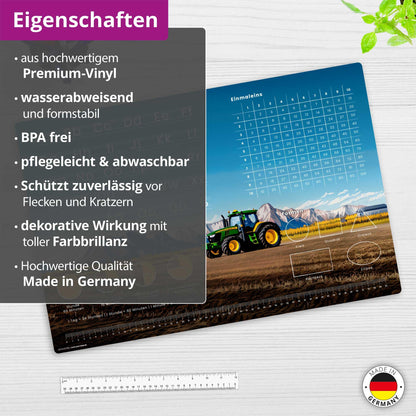 Desk pad for children - learning pad for starting school in various designs - ABC, times tables, clock - 60 x 40 cm - made of wipeable vinyl - Made in Germany (tractor design)