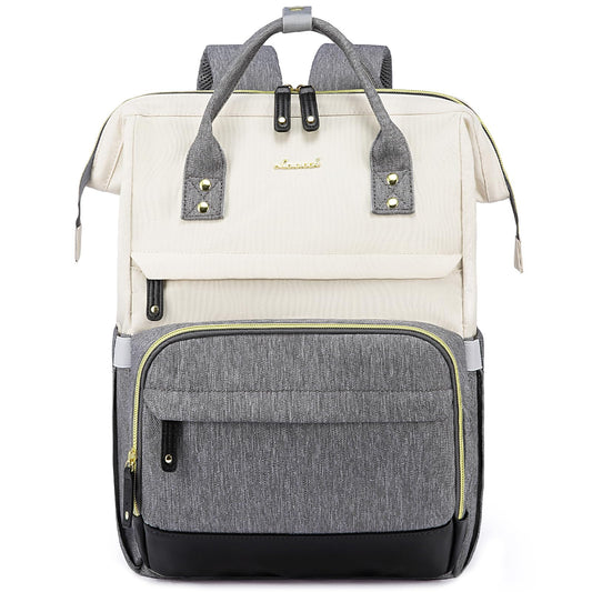 LOVEVOOK laptop backpack for women with 15.6 inch laptop compartment, suitable for girls, teenagers, and college students. This waterproof backpack is perfect for school, travel, university, business, and work in beige and gray.