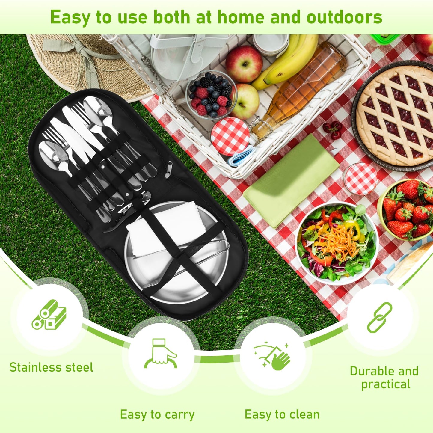 Camping tableware set for 2 people, 14 pieces, picnic set, stainless steel outdoor tableware for camping, picnicking, grilling, and hiking.