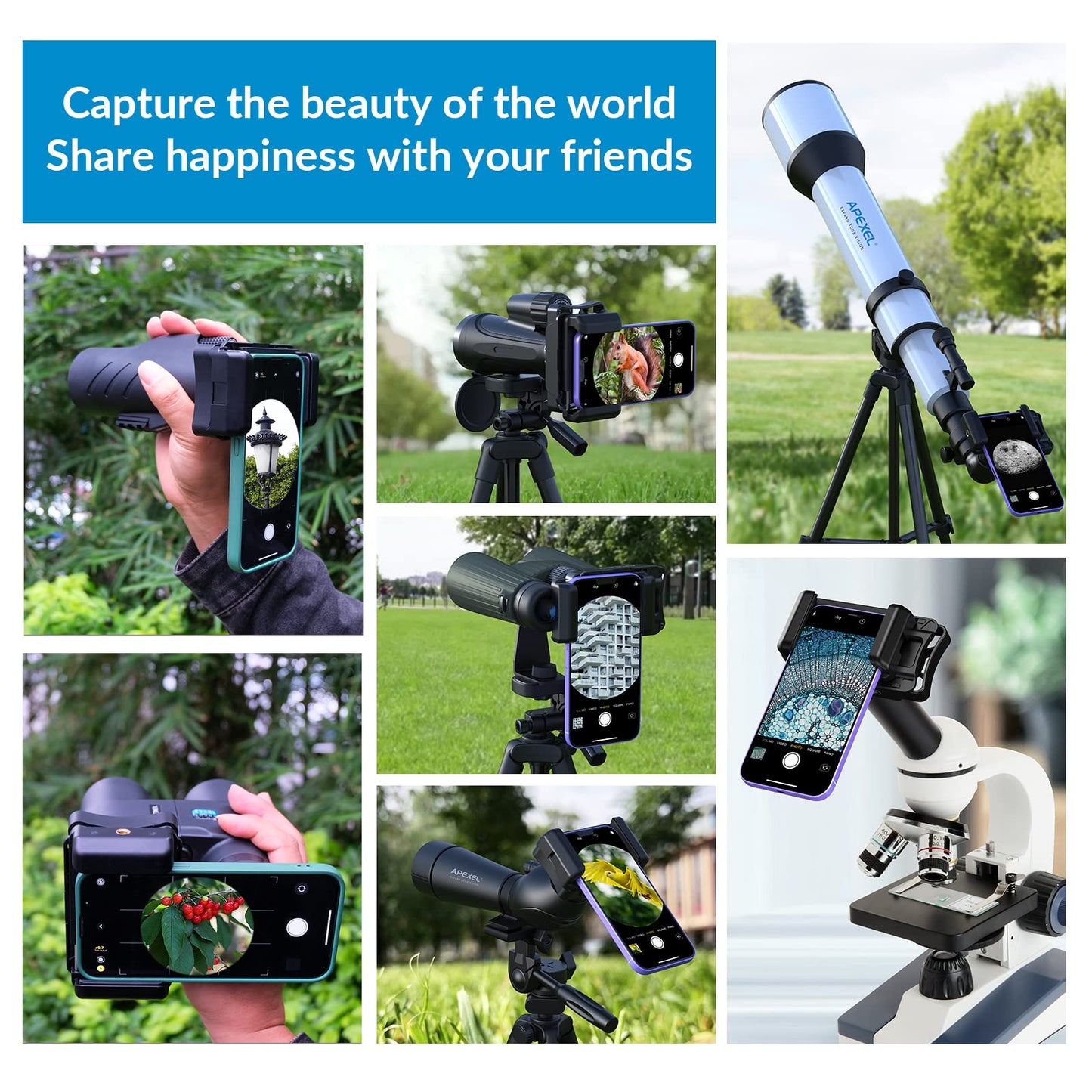 APEXEL Universal Smartphone Scope Adapter, Compatible with Binoculars Monoculars, Scopes, and Microscopes. Telescope Holder Adapter Easy to Use, Suitable for All Smartphones.