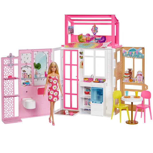 Barbie HCD48 - Dollhouse playset with doll & 2-story house featuring 4 play areas, fully furnished, includes pet and accessories, toy gift for kids ages 3+