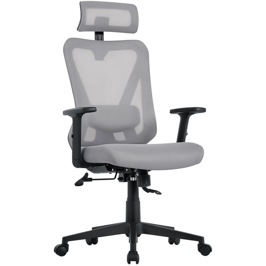 Yaheetech Office Chair Ergonomic, Desk Chair with Adjustable Headrest, Armrests, Lumbar Support, Lockable Height-adjustable Swivel Chair with 90°-130° Reclining Function Light Gray