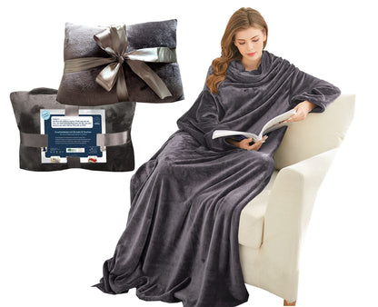Gift for women for Christmas, snug blanket with sleeves, birthday present for mom, sofa blanket 150x200 cm (Dark gray)