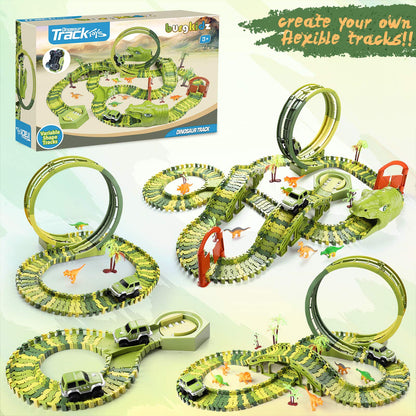 Burgkidz Dinosaur Race Track Play Vehicles Toy Set, 387 Pieces of Flexible Dino Tracks with 360 Loop and Car Turntable Playset, 2 Race Cars, Gift for Kids 3+ years old.