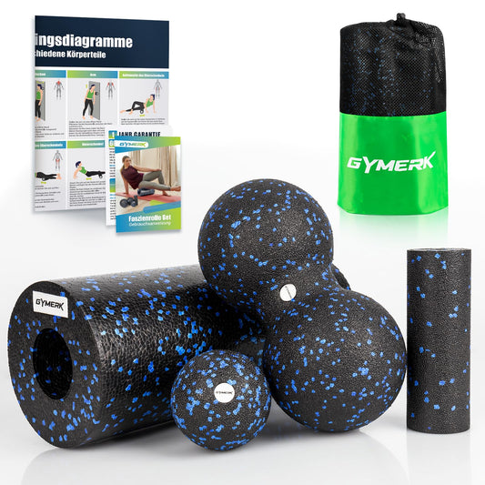 Gymerk fascia roller set with large duo ball, fascia ball, and small fascia roller. Ideal for back, spine, leg stretches, and fascia training. Includes training posters.
