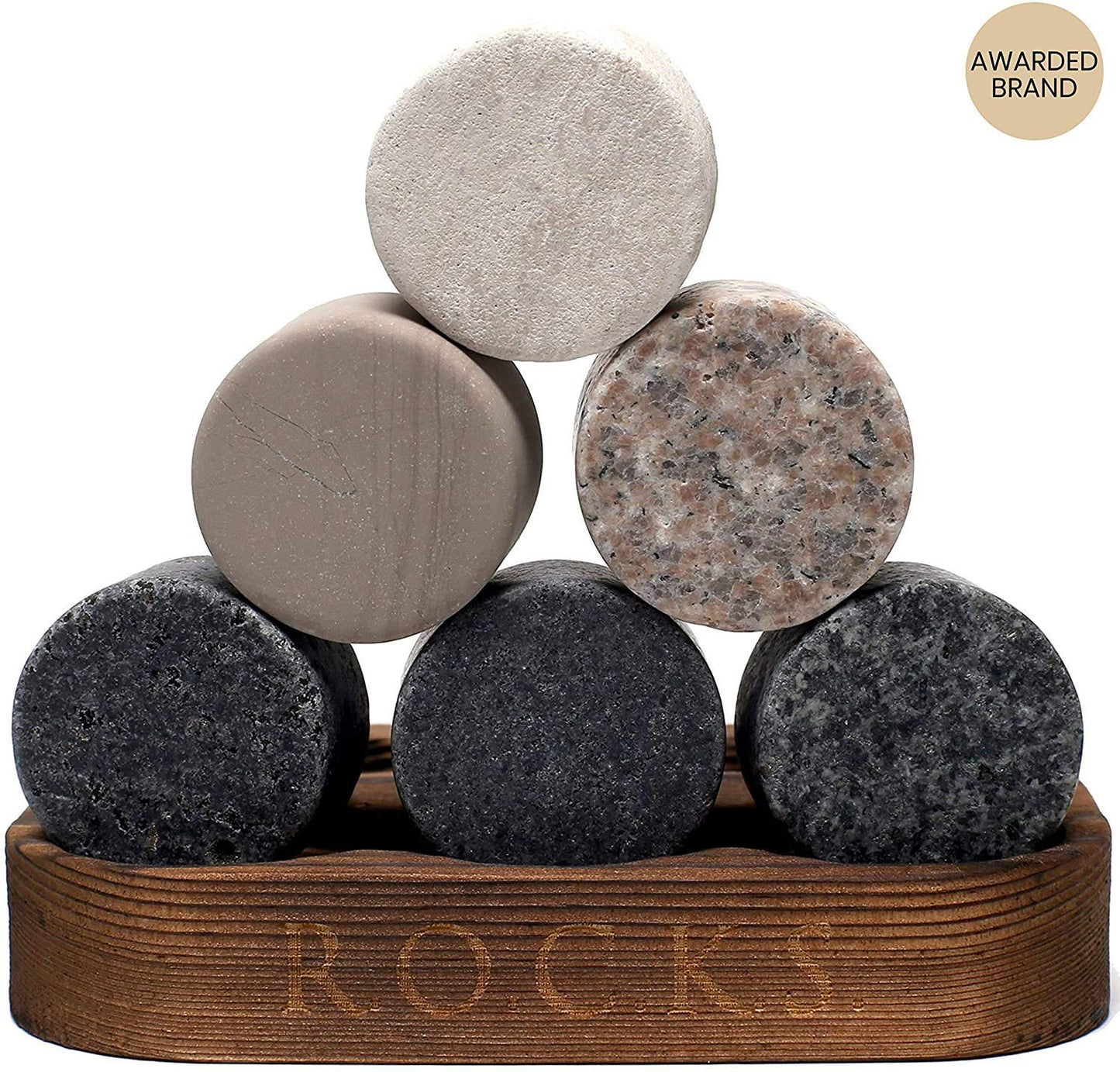Whiskey Stones Set - 6 Handcrafted Round Granite Whiskey Stones - 2 Crystal Whiskey Glasses - Presentation and Storage Board made of Hardwood - Whiskey Gift Set Box with Gold Foil by Rocks