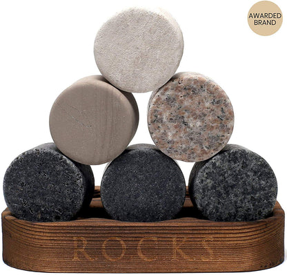 Whiskey Stones Set - 6 Handcrafted Round Granite Whiskey Stones - 2 Crystal Whiskey Glasses - Presentation and Storage Board made of Hardwood - Whiskey Gift Set Box with Gold Foil by Rocks