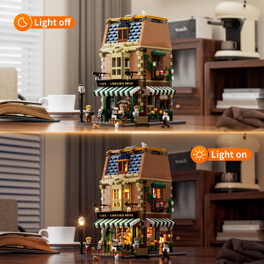 Funwhole Book Cafe Illuminated Building Block Set - City Coffeehouse LED Light Modular Building Model Kit 1718 Pieces for Adults and Teens