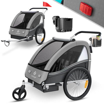KESSER® child bicycle trailer Sport-RX 2in1 jogger & buggy with 5-point harness, safety belt, 360° front wheel, reflectors, suitable for 1-2 children (max. 40 kg), with cup holder & smartphone compartment.