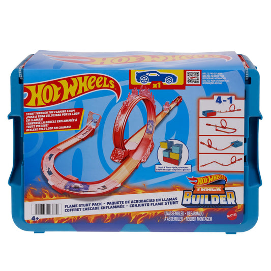 Hot Wheels track set, fire-themed track set with one Hot Wheels vehicle, 16 track and stunt components in stackable toy storage box, HMC04.