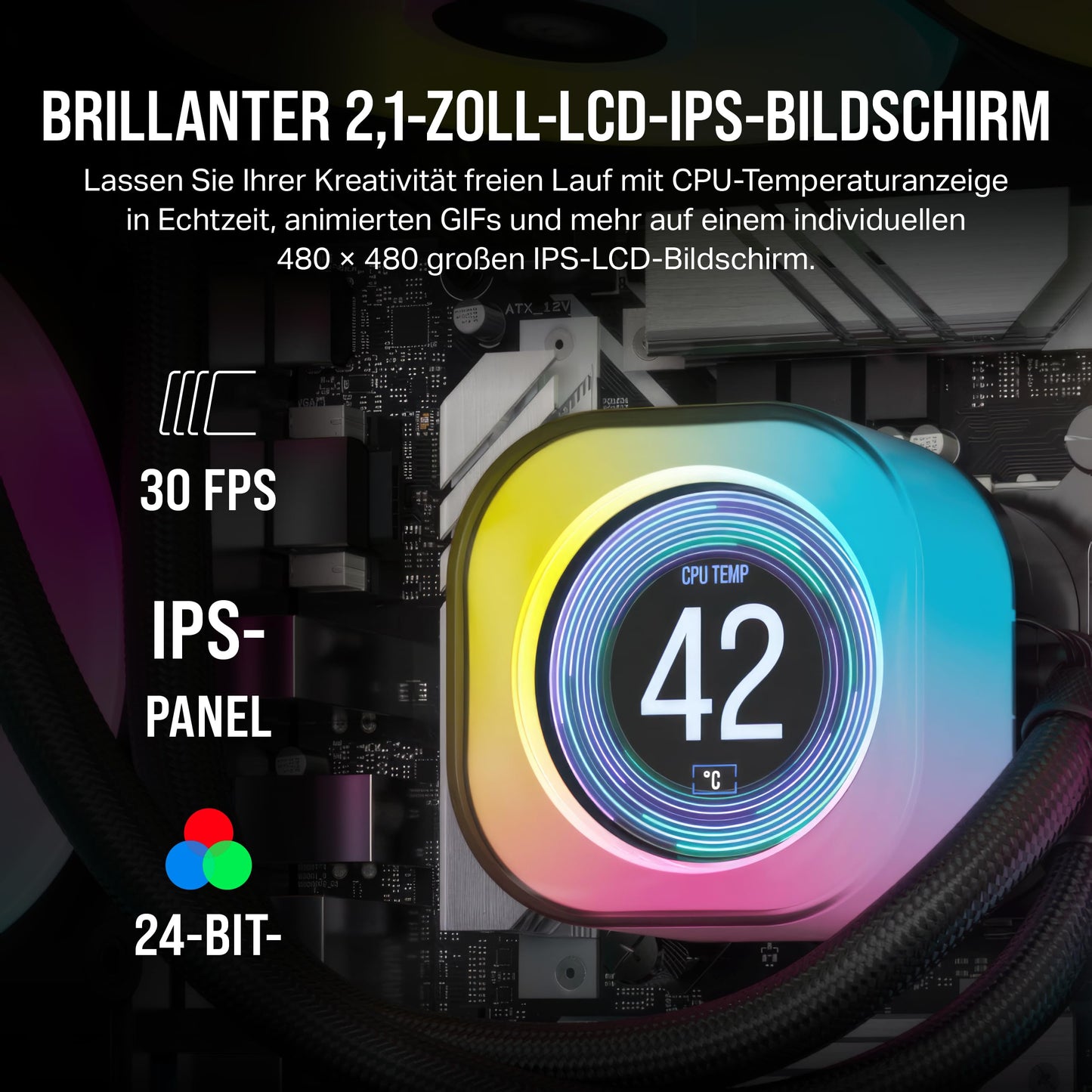Corsair iCUE LINK AIO LCD screen module - 2.1" IPS LCD screen - 24 individually addressable RGB LEDs - Tool-less installation - Black