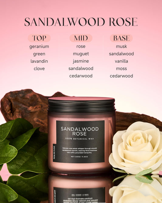 M&SENSE Sandalwood Rose scented candle (330g, 70h) - 2-wick Intense wood scent - Natural soy wax candle - Long-lasting for home - Gift for men & women.