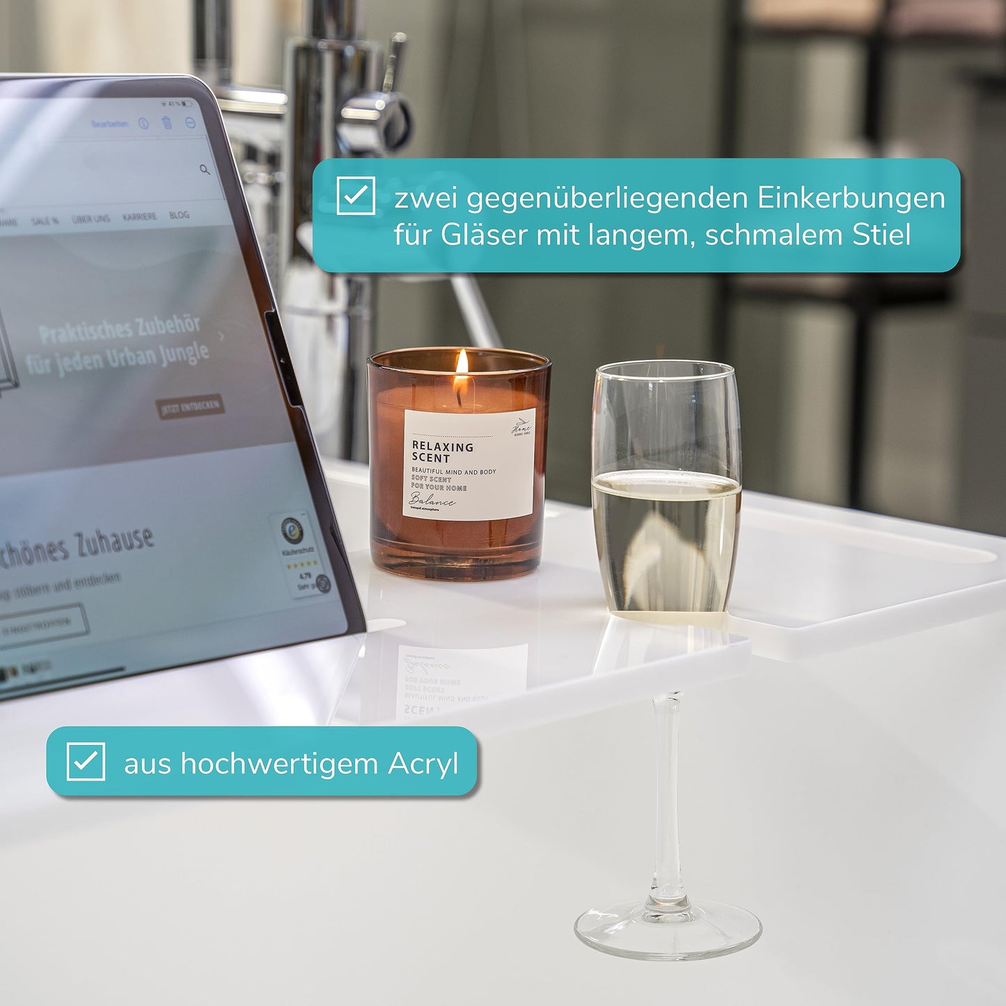 eluno bathtub tray with drink holder and tablet slot made of acrylic, approx. 90 cm (white/high-gloss)