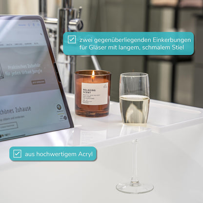 eluno bathtub tray with drink holder and tablet slot made of acrylic, approx. 90 cm (white/high-gloss)