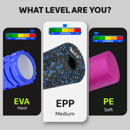 Physio fascia roller for fitness, yoga, and rehabilitation. Self-massage roller for back spine made of medium firm EPP foam, includes carrying bag.