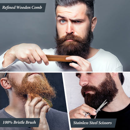 Beard grooming set for men, Oukzon 10 in 1 Premium Beard Gifts for Men - 60ML Beard Shampoo, 60ML Beard Conditioner, Beard Oil, Beard Balm, Beard Comb, Beard Brush, Beard Scissors, Beard Stencils, Travel Bag.