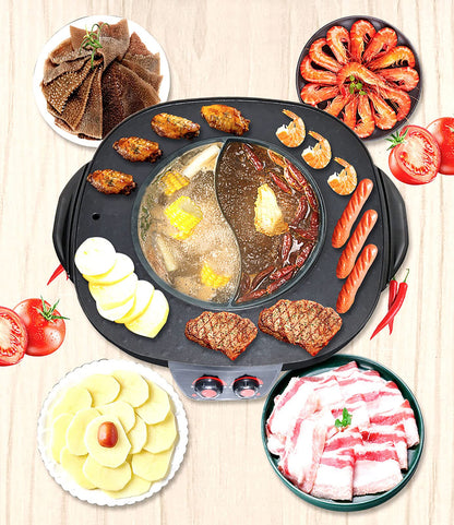 2 In 1 Hotpot and Grill, Electric Hotpot Pot Electric Grill Non-Stick Smokeless Grill Oven, Indoor Korean BBQ Grill Barbecue Fondue Raclette, for 5-6 people