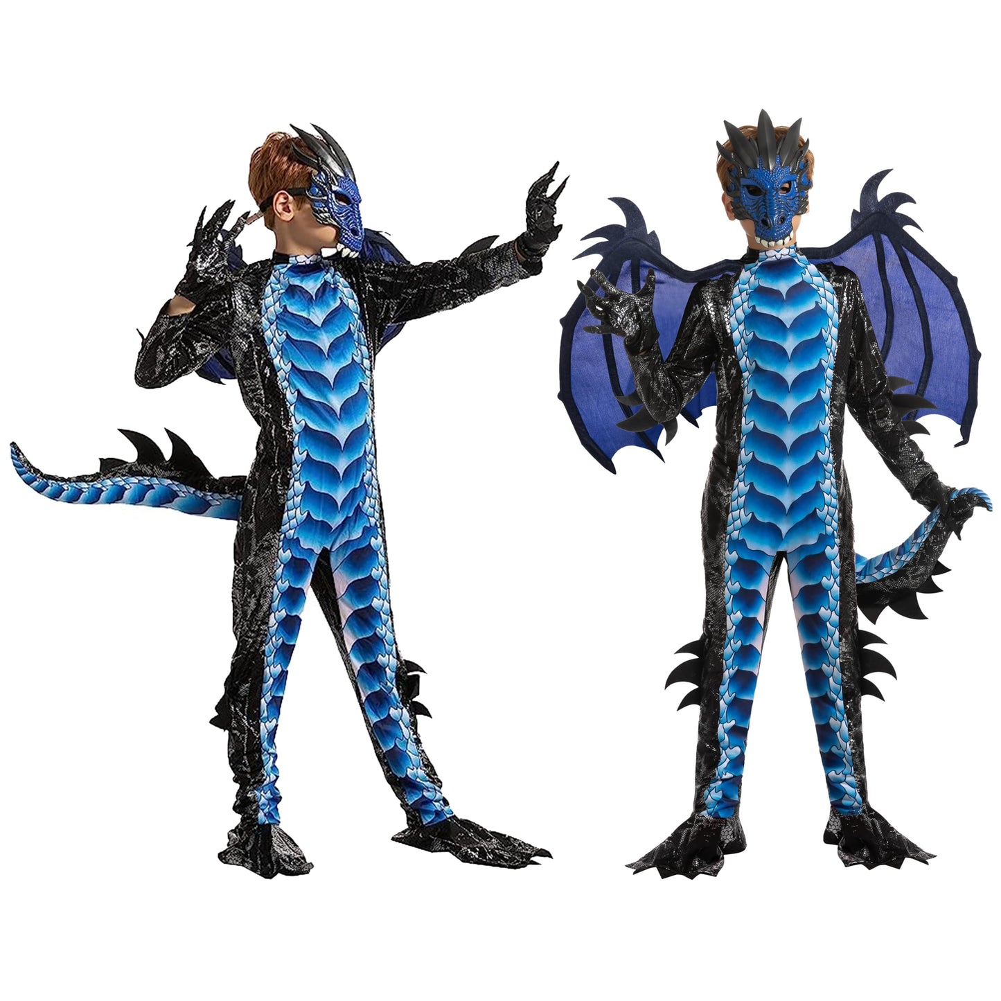 Spooktacular Creations Kids Boys Black and Blue Dragon Costume, Dragon Wings and Mask, Halloween Suit Dragon Outfit for Boys for Halloween Parties, Cosplay-L