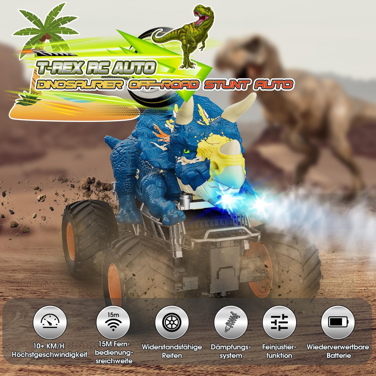 HappyGoLucky dinosaur toy for boys aged 3-10, monster truck RC car for ages 3-8 with mist spray, music, LED lights, outdoor Easter gift for kids.
