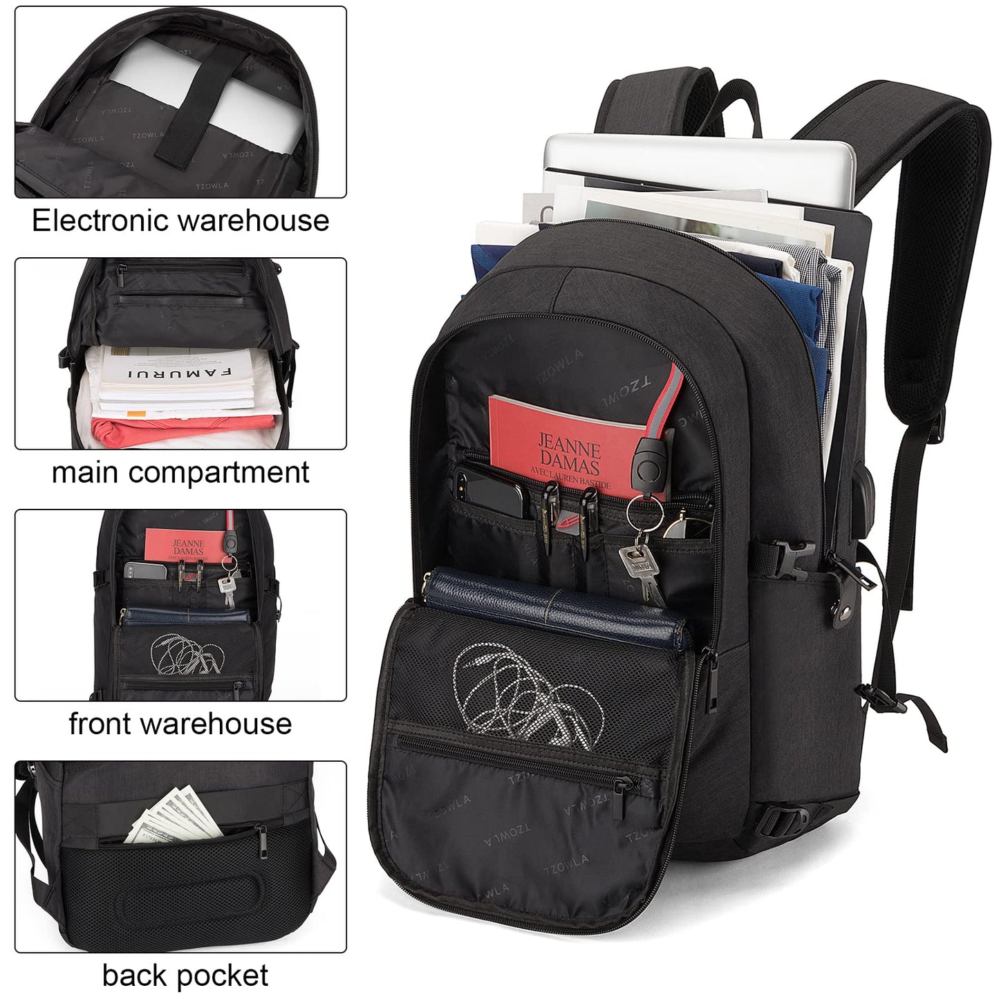 Tzowla Laptop Backpack for Men and Women, Travel Backpack Waterproof Anti-Theft with USB Charging Port and Lock for 15.6 Inch Notebook, Slim Business Work Casual Daypack-Black
