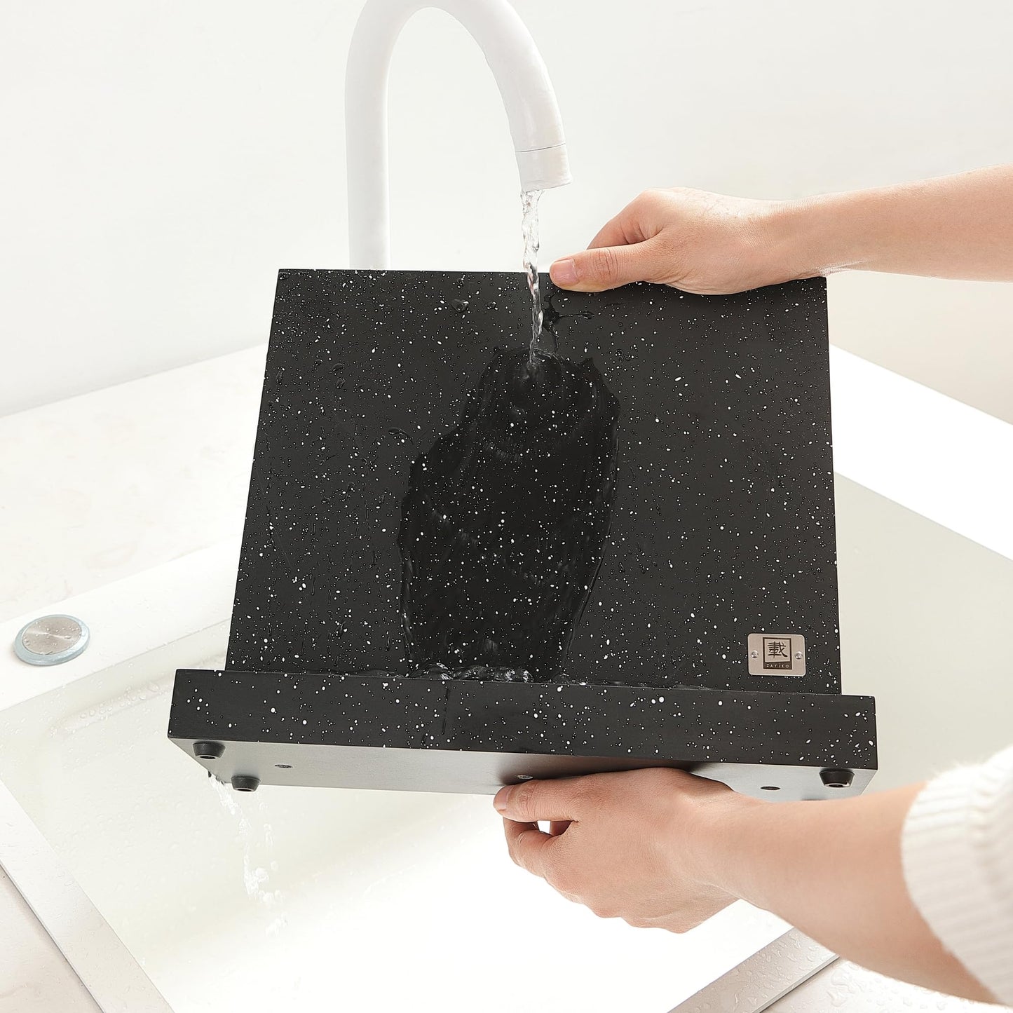 Zayiko Magnetic Knife Block without Knives - Wood in Marble Look - Kitchen Organizer with Dual Magnetic Strips with Non-Slip Feet - for up to 12 Knives - Magnetic Knife Holder without Knives