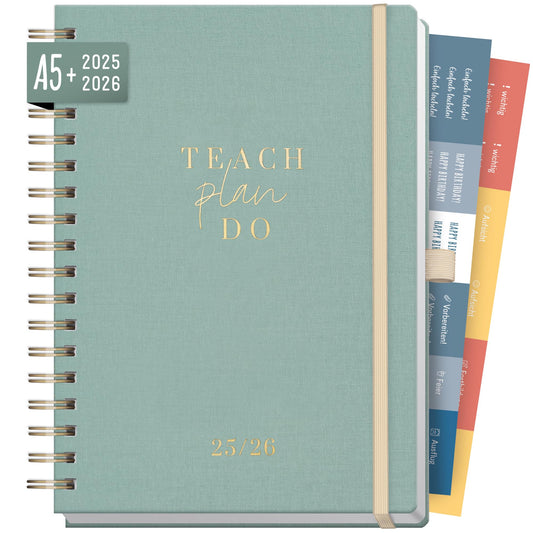 Häfft® Teacher Planner 2025/2026 A5 + Deluxe "Green Canvas" Hardcover Teacher's Planner, academic year planner with spiral binding, school planner - sustainable & eco-friendly.