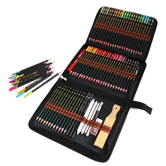 Colored pencils, sketching pencils, and drawing pencils set for sketching and drawing. Professional art set and kit bag with 72 pieces. Set for adult coloring books.