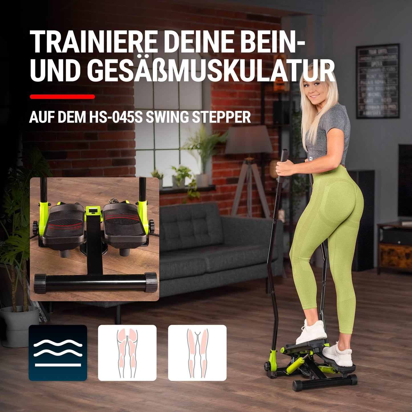 Hop-Sport Stepper Lime Green with handles - Nordic Walking and Swing Stepper for home, Adjustable stepping surfaces, Detachable expanders, Cardio fitness device for home.
