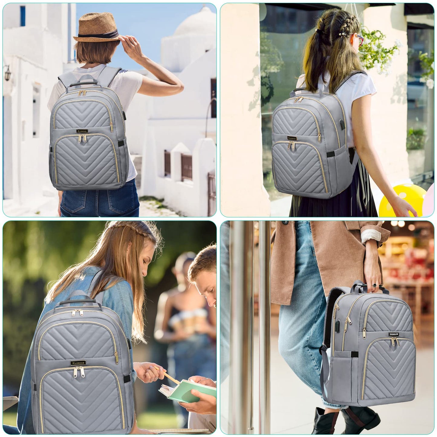 Kuosdaz Backpack Women 15.6 Inch, School Backpack Girls Teenager, with USB Charging Port for Laptop Work Waterproof Backpack, University, Travel, Business, Everyday, Women, School, Gray
