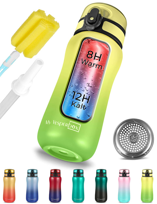 My Vesperbox - Thermo Minny - Stainless steel leak-proof water bottle with straw or sieve - 400ml, 600ml - Durable stainless steel water bottle for kids and adults - BPA free (Green - Yellow, 400ml)
