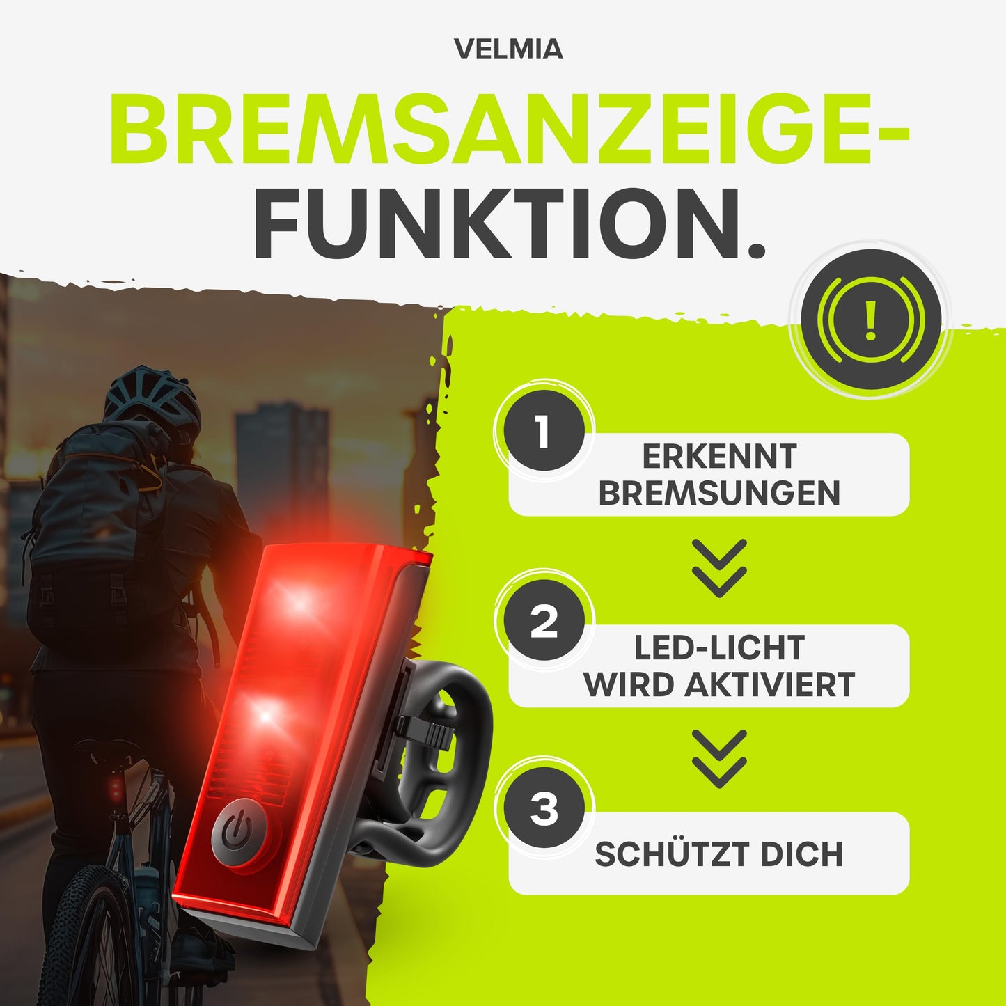 Velmia LED bike lights set approved for road use with USB battery operation and 8.5h runtime I rainproof and rechargeable light, bike accessory, front + rear light