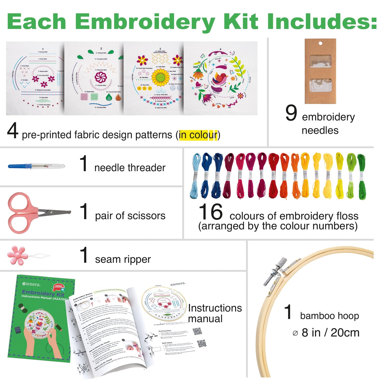Azenera Embroidery Kit for Beginners - Complete set with video instructions, 4 patterned fabrics, threads, bamboo hoop & tools - Easy way to learn Embroidery (AZA100)