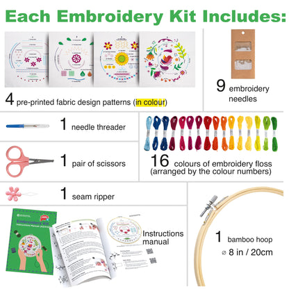 Azenera Embroidery Kit for Beginners - Complete set with video instructions, 4 patterned fabrics, threads, bamboo hoop & tools - Easy way to learn Embroidery (AZA100)