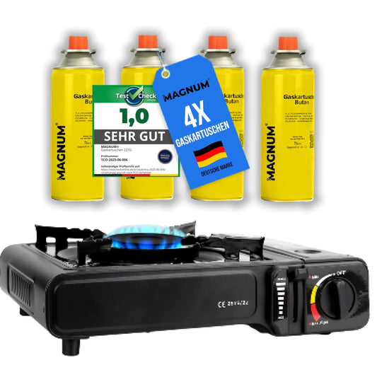 MAGNUM® gas stove incl. 4x gas cartridges and carrying case - camping stove with gas cartridges - camping gas stove complete set with piezo ignition